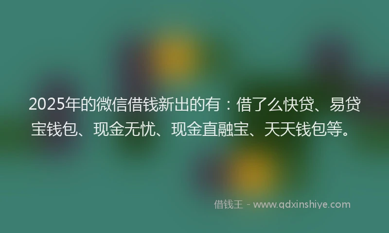 2025年的微信借钱新出的有：借了么快贷、易贷宝钱包、现金无忧、现金直融宝、天天钱包等。