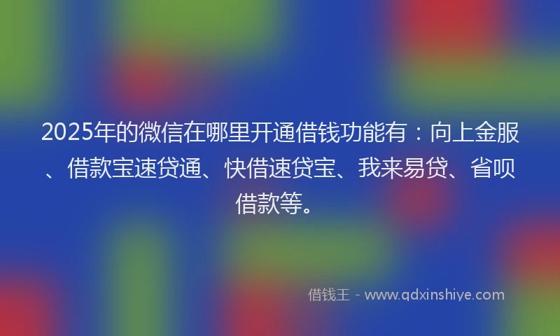 2025年的微信在哪里开通借钱功能有：向上金服、借款宝速贷通、快借速贷宝、我来易贷、省呗借款等。