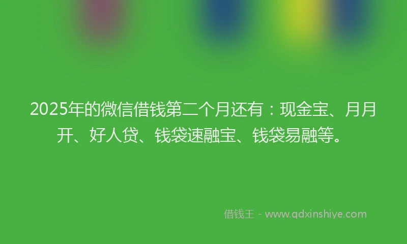 2025年的微信借钱第二个月还有：现金宝、月月开、好人贷、钱袋速融宝、钱袋易融等。