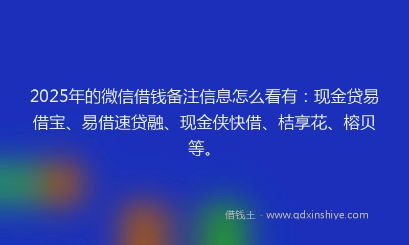 2025年的微信借钱备注信息怎么看有：现金贷易借宝、易借速贷融、现金侠快借、桔享花、榕贝等。