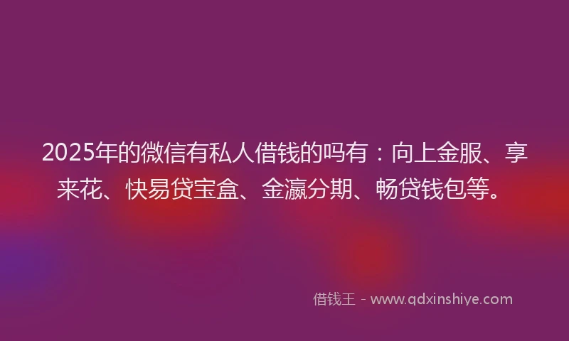 2025年的微信有私人借钱的吗有：向上金服、享来花、快易贷宝盒、金瀛分期、畅贷钱包等。