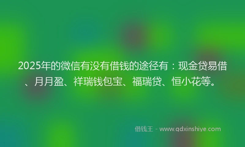 2025年的微信有没有借钱的途径有：现金贷易借、月月盈、祥瑞钱包宝、福瑞贷、恒小花等。