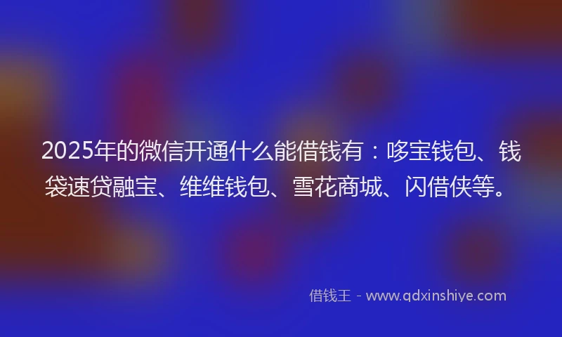 2025年的微信开通什么能借钱有：哆宝钱包、钱袋速贷融宝、维维钱包、雪花商城、闪借侠等。