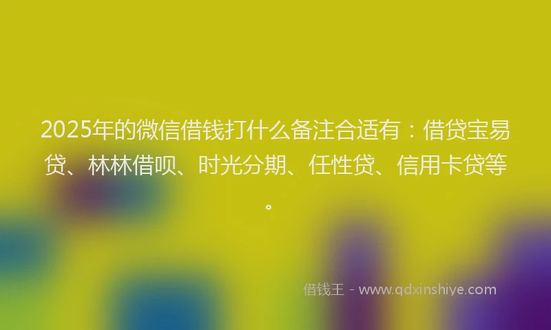 2025年的微信借钱打什么备注合适有：借贷宝易贷、林林借呗、时光分期、任性贷、信用卡贷等。