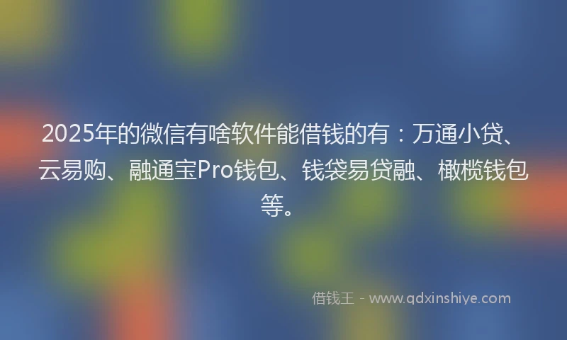 2025年的微信有啥软件能借钱的有：万通小贷、云易购、融通宝Pro钱包、钱袋易贷融、橄榄钱包等。