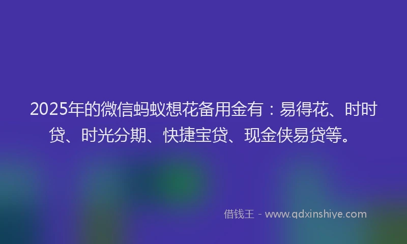 2025年的微信蚂蚁想花备用金有：易得花、时时贷、时光分期、快捷宝贷、现金侠易贷等。