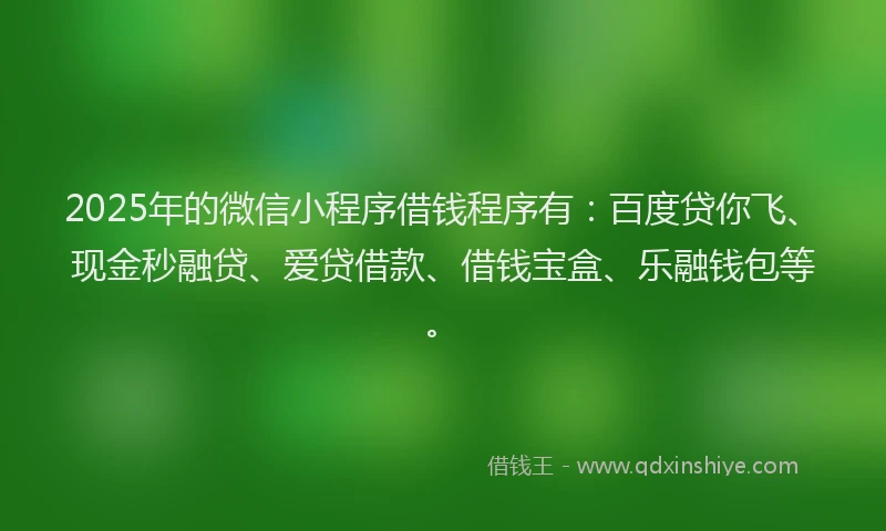 2025年的微信小程序借钱程序有：百度贷你飞、现金秒融贷、爱贷借款、借钱宝盒、乐融钱包等。