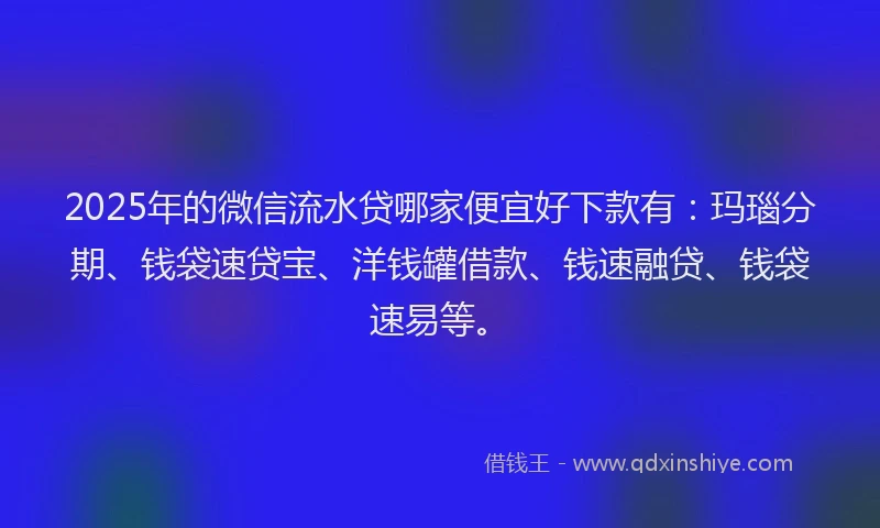 2025年的微信流水贷哪家便宜好下款有：玛瑙分期、钱袋速贷宝、洋钱罐借款、钱速融贷、钱袋速易等。
