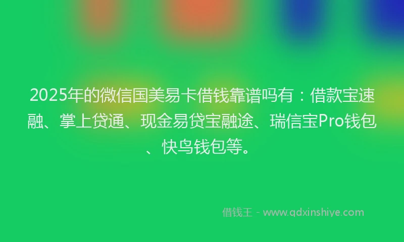 2025年的微信国美易卡借钱靠谱吗有：借款宝速融、掌上贷通、现金易贷宝融途、瑞信宝Pro钱包、快鸟钱包等。