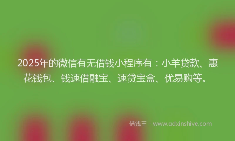 2025年的微信有无借钱小程序有：小羊贷款、惠花钱包、钱速借融宝、速贷宝盒、优易购等。
