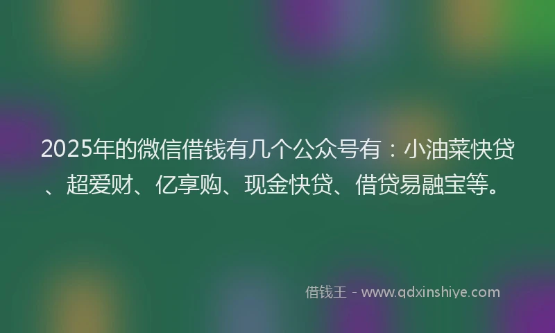 2025年的微信借钱有几个公众号有：小油菜快贷、超爱财、亿享购、现金快贷、借贷易融宝等。
