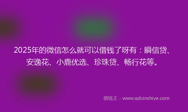 2025年的微信怎么就可以借钱了呀有：瞬信贷、安逸花、小鹿优选、珍珠贷、畅行花等。