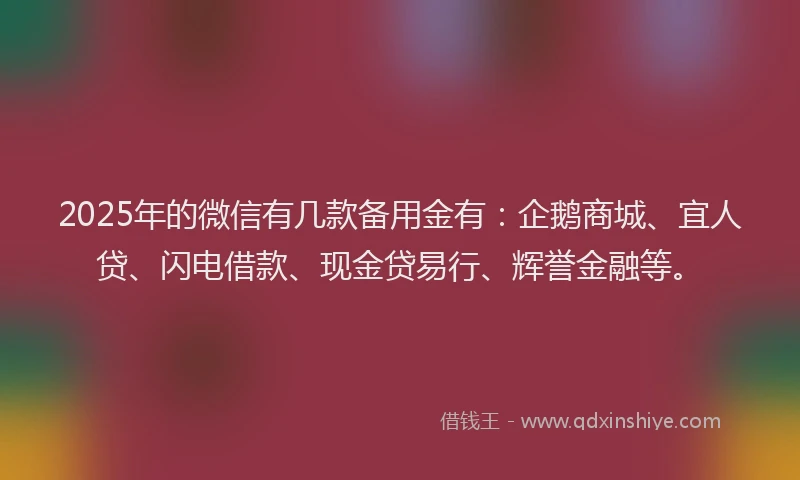 2025年的微信有几款备用金有：企鹅商城、宜人贷、闪电借款、现金贷易行、辉誉金融等。