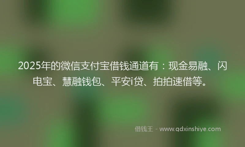 2025年的微信支付宝借钱通道有：现金易融、闪电宝、慧融钱包、平安i贷、拍拍速借等。