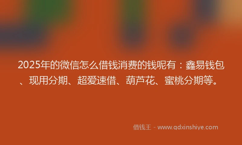 2025年的微信怎么借钱消费的钱呢有：鑫易钱包、现用分期、超爱速借、葫芦花、蜜桃分期等。
