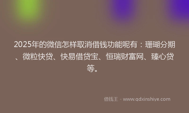 2025年的微信怎样取消借钱功能呢有：珊瑚分期、微粒快贷、快易借贷宝、恒瑞财富网、臻心贷等。
