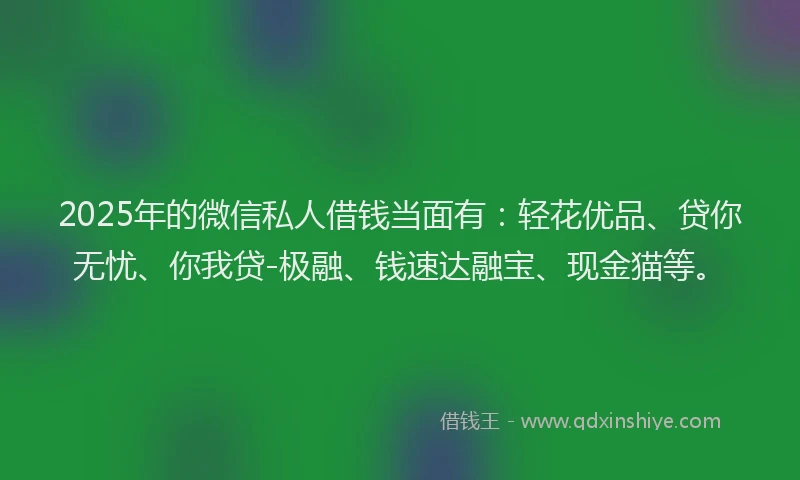 2025年的微信私人借钱当面有：轻花优品、贷你无忧、你我贷-极融、钱速达融宝、现金猫等。