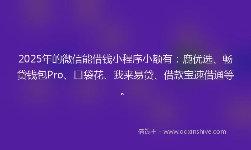 2025年的微信能借钱小程序小额有：鹿优选、畅贷钱包Pro、口袋花、我来易贷、借款宝速借通等。