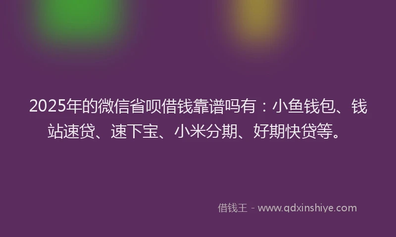 2025年的微信省呗借钱靠谱吗有：小鱼钱包、钱站速贷、速下宝、小米分期、好期快贷等。