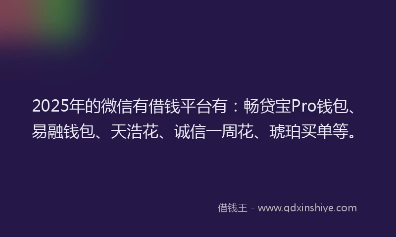 2025年的微信有借钱平台有：畅贷宝Pro钱包、易融钱包、天浩花、诚信一周花、琥珀买单等。