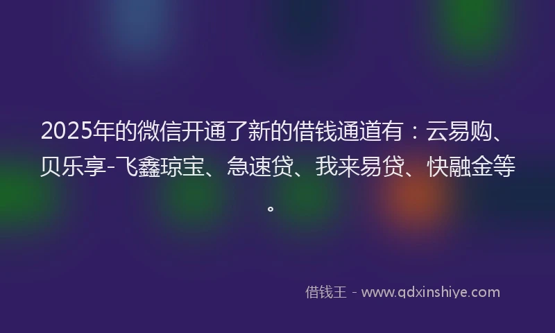 2025年的微信开通了新的借钱通道有：云易购、贝乐享-飞鑫琼宝、急速贷、我来易贷、快融金等。