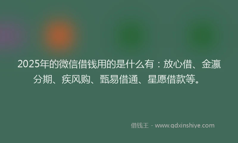 2025年的微信借钱用的是什么有：放心借、金瀛分期、疾风购、甄易借通、星愿借款等。