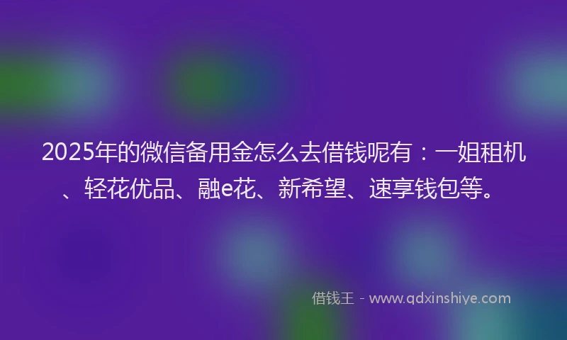 2025年的微信备用金怎么去借钱呢有：一姐租机、轻花优品、融e花、新希望、速享钱包等。