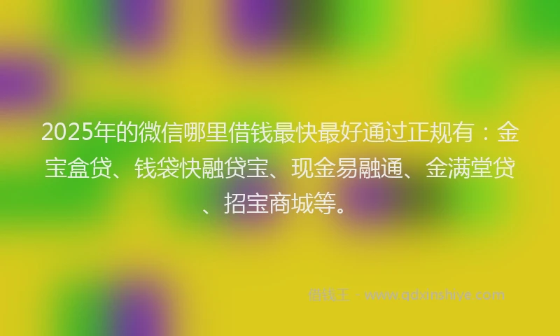 2025年的微信哪里借钱最快最好通过正规有：金宝盒贷、钱袋快融贷宝、现金易融通、金满堂贷、招宝商城等。