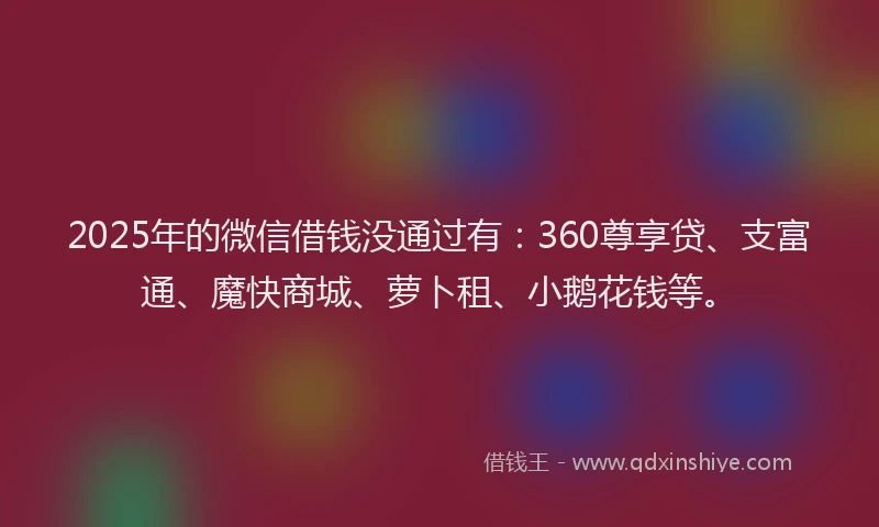 2025年的微信借钱没通过有：360尊享贷、支富通、魔快商城、萝卜租、小鹅花钱等。