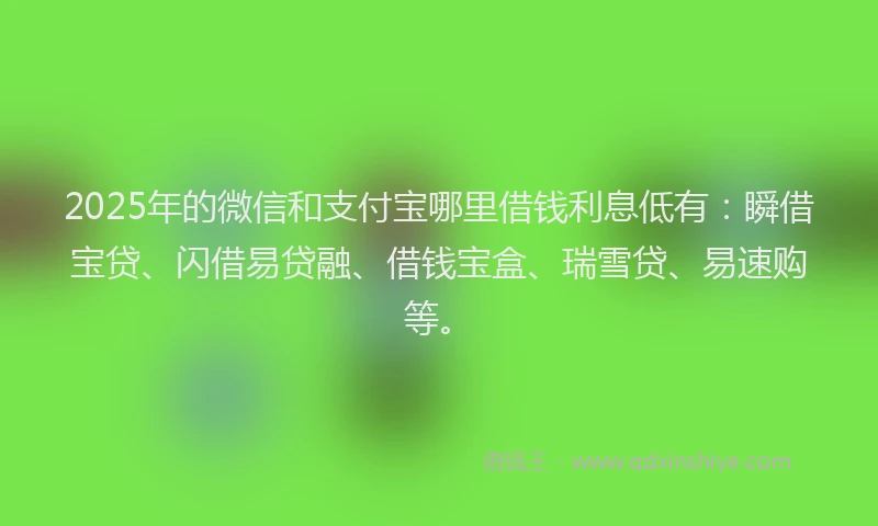 2025年的微信和支付宝哪里借钱利息低有：瞬借宝贷、闪借易贷融、借钱宝盒、瑞雪贷、易速购等。