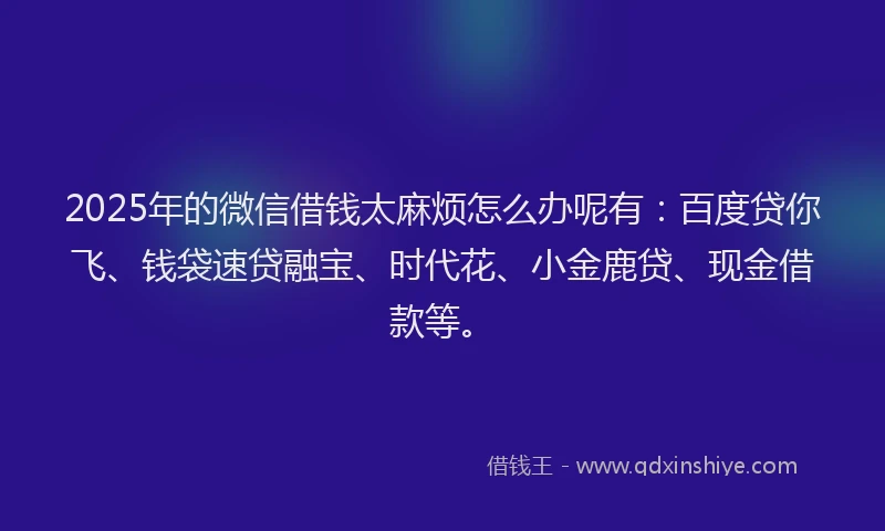 2025年的微信借钱太麻烦怎么办呢有：百度贷你飞、钱袋速贷融宝、时代花、小金鹿贷、现金借款等。