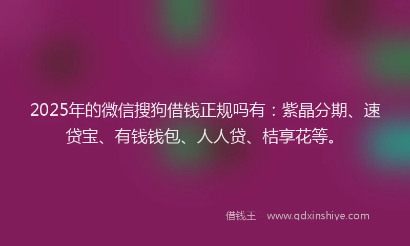 2025年的微信搜狗借钱正规吗有：紫晶分期、速贷宝、有钱钱包、人人贷、桔享花等。