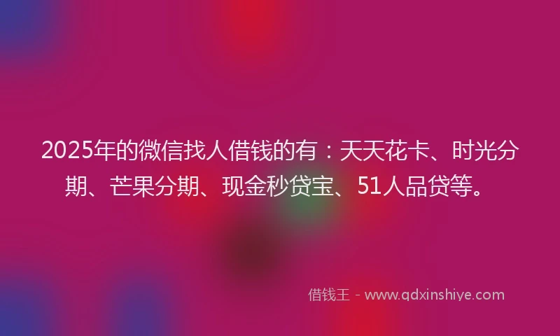 2025年的微信找人借钱的有：天天花卡、时光分期、芒果分期、现金秒贷宝、51人品贷等。