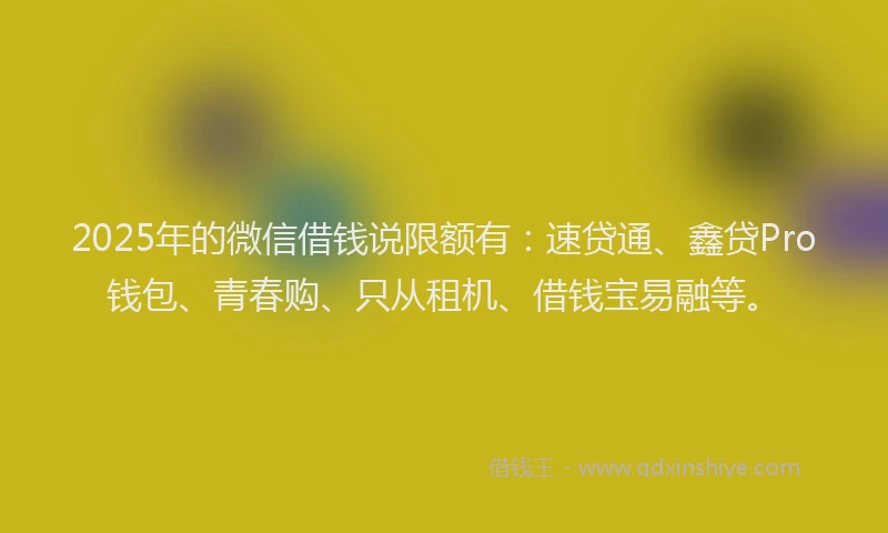 2025年的微信借钱说限额有：速贷通、鑫贷Pro钱包、青春购、只从租机、借钱宝易融等。