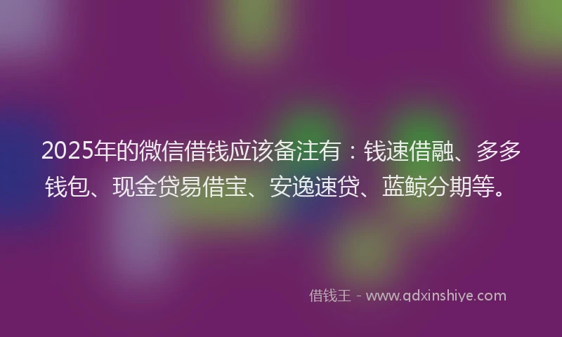 2025年的微信借钱应该备注有：钱速借融、多多钱包、现金贷易借宝、安逸速贷、蓝鲸分期等。