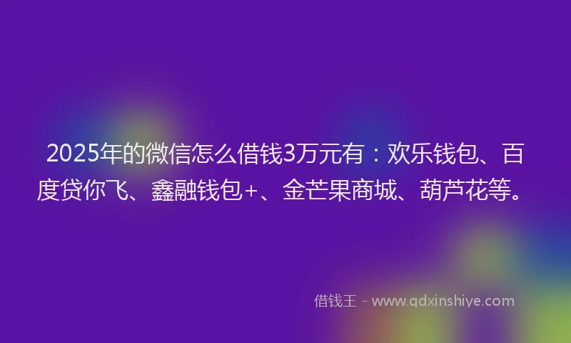 2025年的微信怎么借钱3万元有：欢乐钱包、百度贷你飞、鑫融钱包+、金芒果商城、葫芦花等。