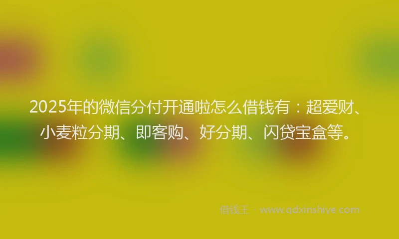 2025年的微信分付开通啦怎么借钱有：超爱财、小麦粒分期、即客购、好分期、闪贷宝盒等。