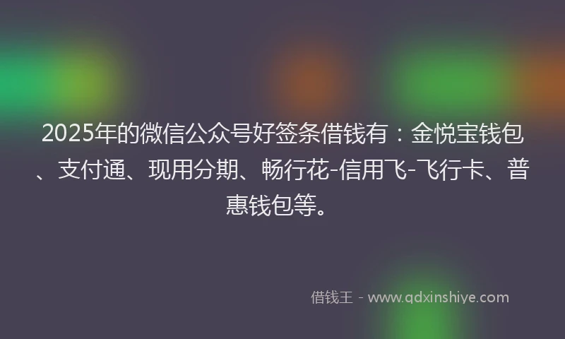 2025年的微信公众号好签条借钱有：金悦宝钱包、支付通、现用分期、畅行花-信用飞-飞行卡、普惠钱包等。