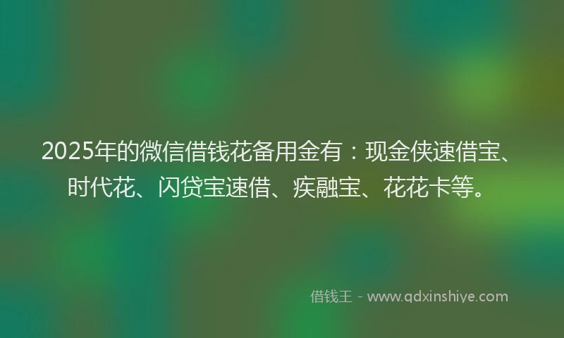 2025年的微信借钱花备用金有：现金侠速借宝、时代花、闪贷宝速借、疾融宝、花花卡等。