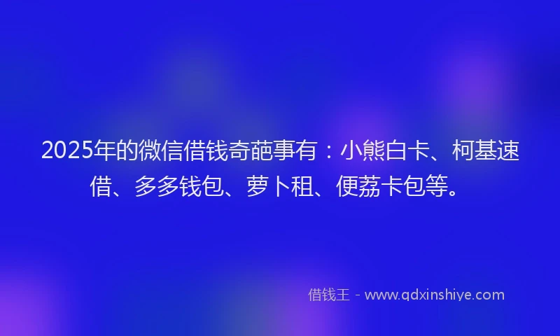 2025年的微信借钱奇葩事有：小熊白卡、柯基速借、多多钱包、萝卜租、便荔卡包等。