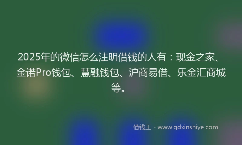 2025年的微信怎么注明借钱的人有：现金之家、金诺Pro钱包、慧融钱包、沪商易借、乐金汇商城等。