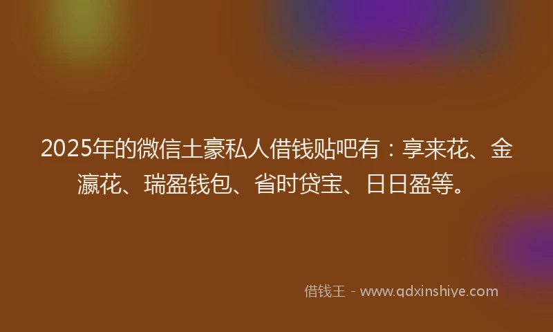 2025年的微信土豪私人借钱贴吧有：享来花、金瀛花、瑞盈钱包、省时贷宝、日日盈等。