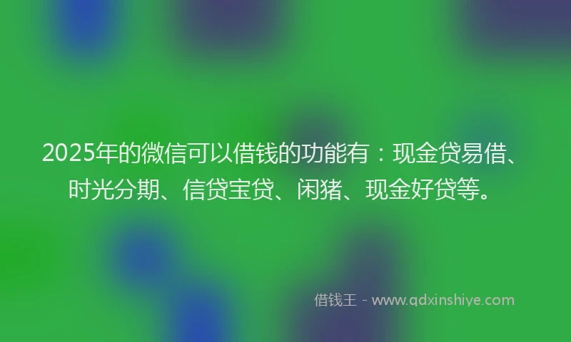 2025年的微信可以借钱的功能有：现金贷易借、时光分期、信贷宝贷、闲猪、现金好贷等。