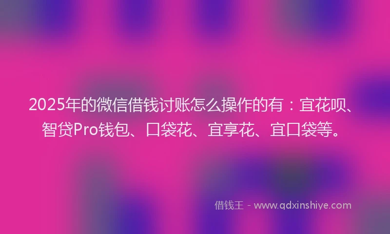 2025年的微信借钱讨账怎么操作的有：宜花呗、智贷Pro钱包、口袋花、宜享花、宜口袋等。