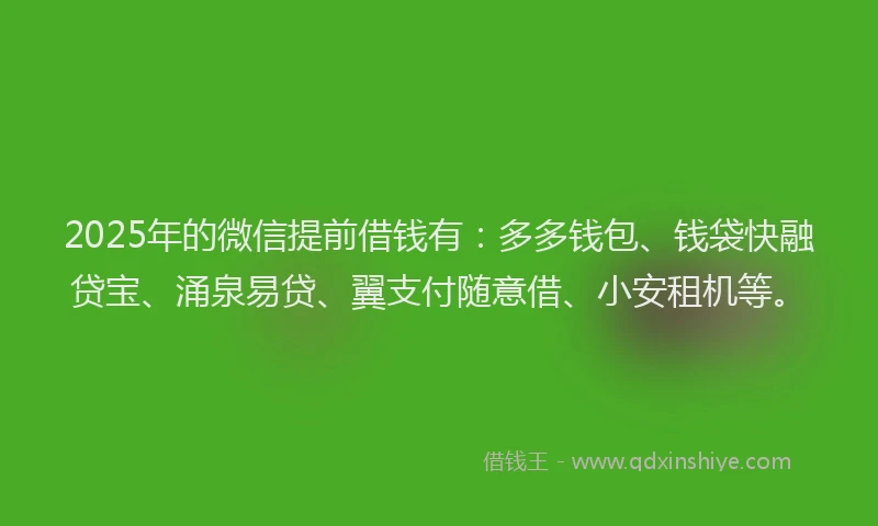 2025年的微信提前借钱有：多多钱包、钱袋快融贷宝、涌泉易贷、翼支付随意借、小安租机等。