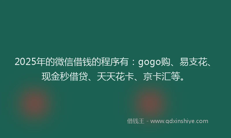 2025年的微信借钱的程序有：gogo购、易支花、现金秒借贷、天天花卡、京卡汇等。