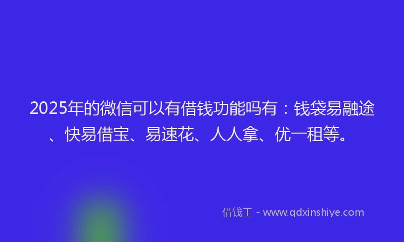 2025年的微信可以有借钱功能吗有：钱袋易融途、快易借宝、易速花、人人拿、优一租等。
