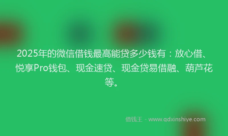 2025年的微信借钱最高能贷多少钱有：放心借、悦享Pro钱包、现金速贷、现金贷易借融、葫芦花等。