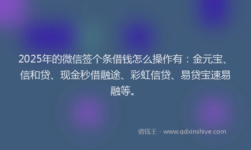 2025年的微信签个条借钱怎么操作有：金元宝、信和贷、现金秒借融途、彩虹信贷、易贷宝速易融等。
