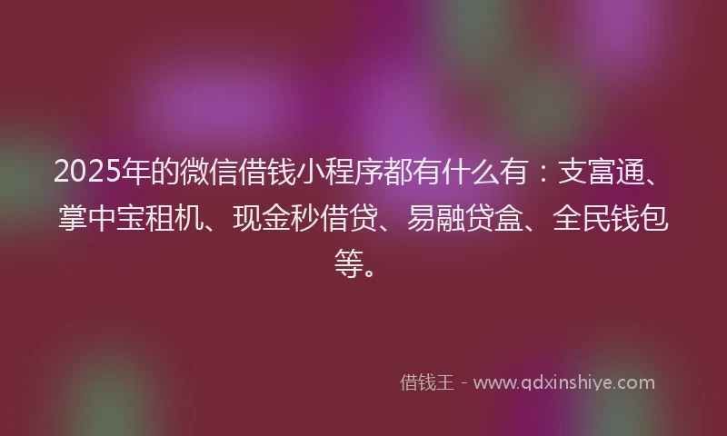 2025年的微信借钱小程序都有什么有：支富通、掌中宝租机、现金秒借贷、易融贷盒、全民钱包等。